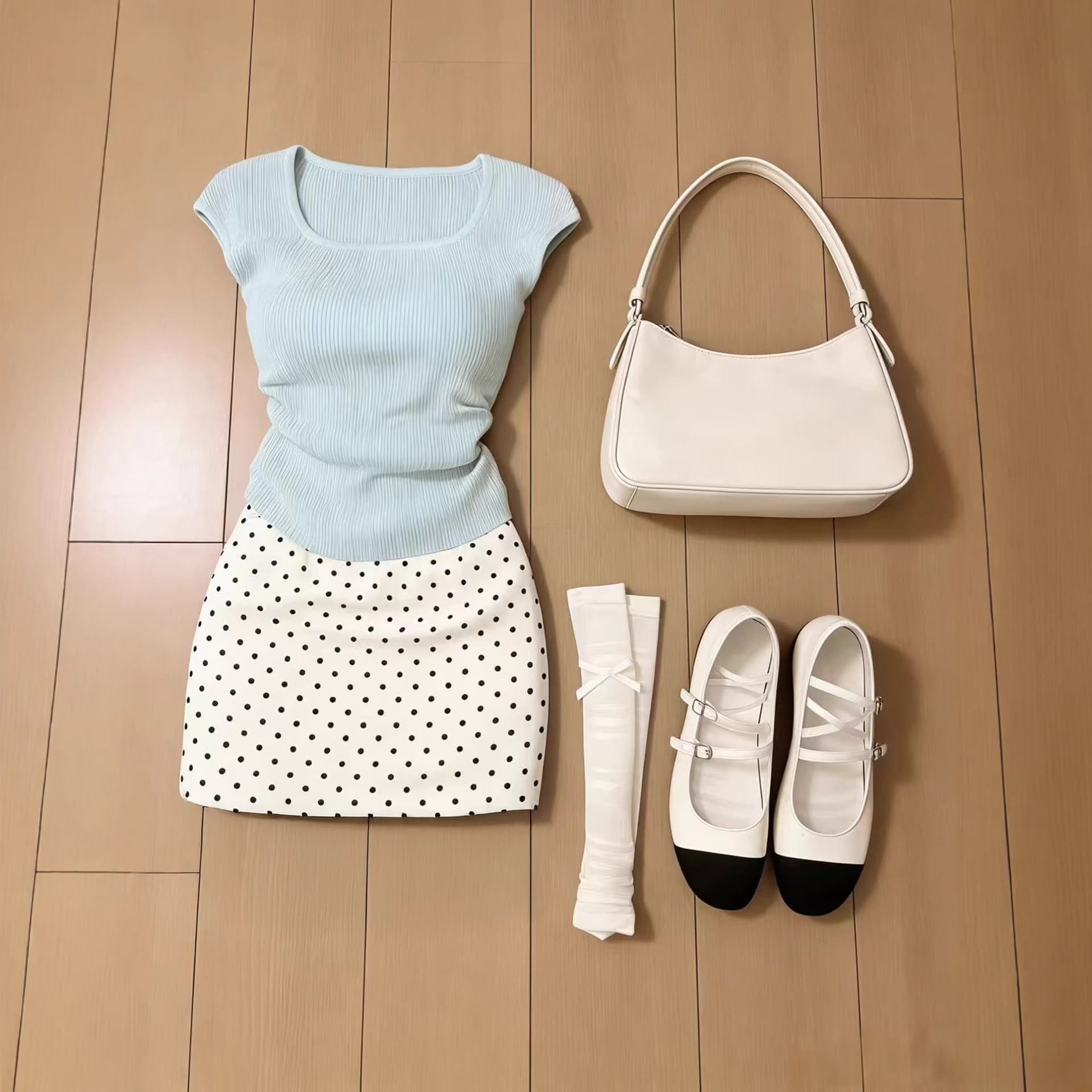 Beautiful Early Spring Outfit for Women, Polka Dot Skirt, Unique and Stunning, a Complete Set of Very Attractive Korean Chic Dopamine Summer Style
