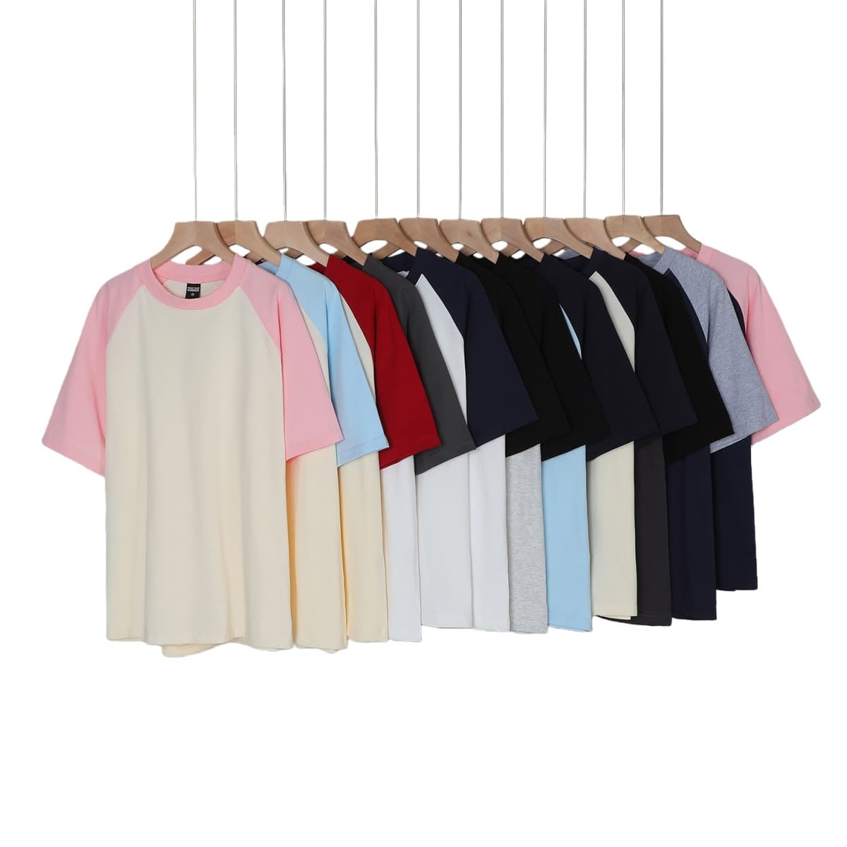 260g Heavyweight American Casual Color-Block Raglan Short Sleeve T-Shirt, Streetwear Loose Fit Double Yarn Pure Cotton Couple Tee