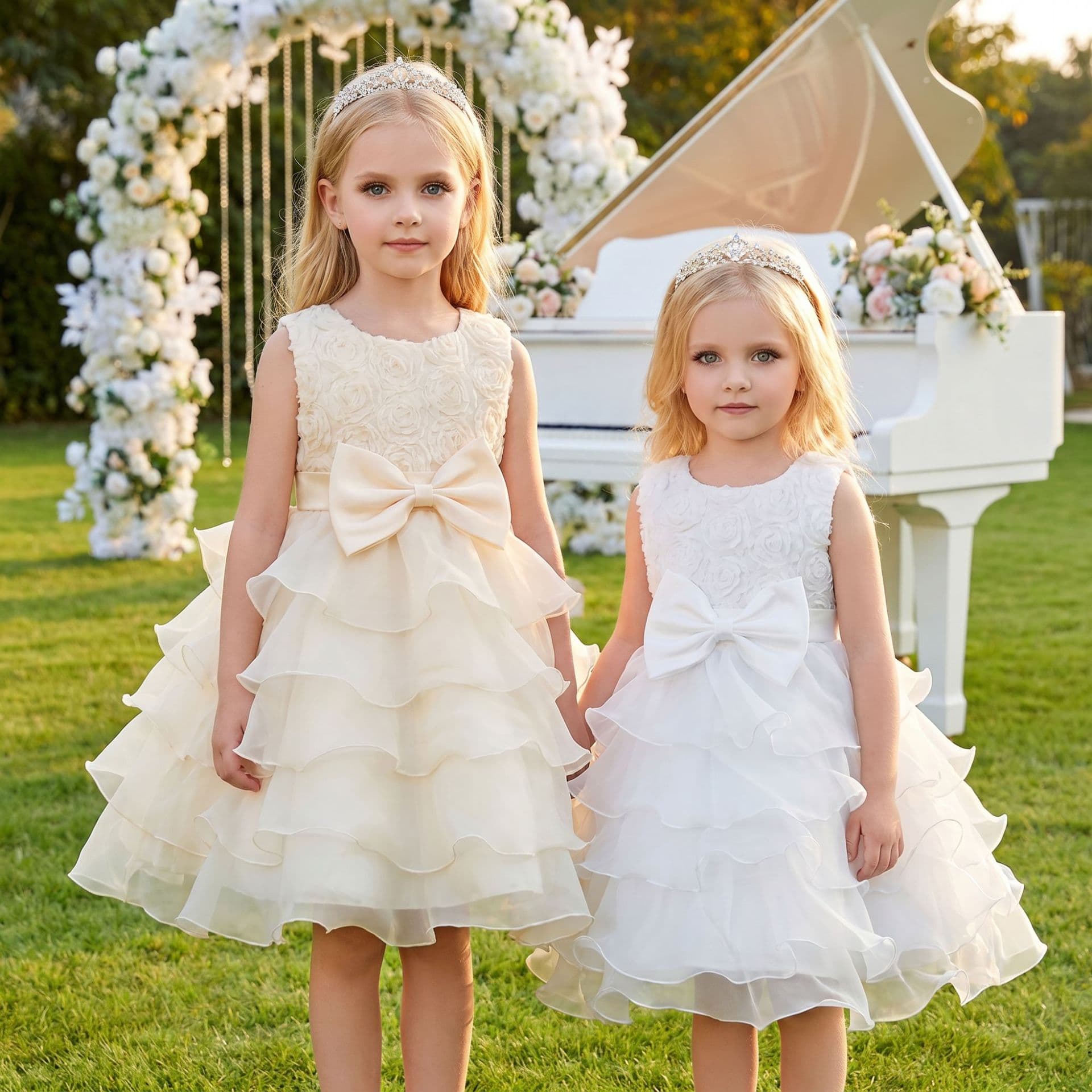 Girls' Dress with Rose Butterfly Bow Cake Princess Dress for Children's Wedding Flower Girl Piano Performance Princess Dress Wholesale