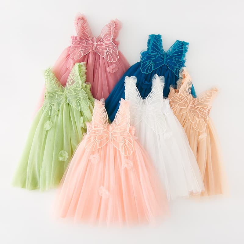 Children's Princess Dress Mesh Tulle Dress Strapless Little Formal Puffy Skirt 3D Wings Fairy Fashionable Dress