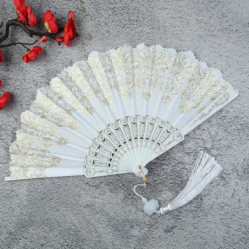 Ancient Style Hanfu Folding Fan for Women, Dance Tassel Plastic Folding Fan, Cheongsam Photo Prop, Chinese Style Cloth Folding Fan