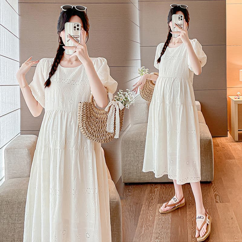 Maternity Summer Dress 2026 New Fashion Loose Short Sleeve Lace Trim A-Line Dress