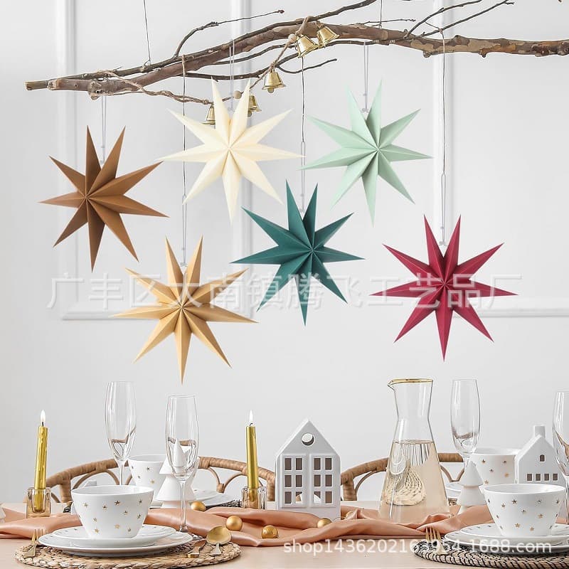 Cross-border 5-piece set of Christmas nine-pointed stars 30 cm in diameter, environmentally friendly Christmas paper stars, Christmas window decorations