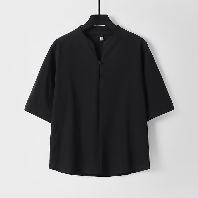 Linen T-Shirt for Men 7/8 Sleeve Summer Chinese Style Cotton Linen Half Sleeve Button V-Neck Plus Size Men's Seven-Sleeve T-Shirt