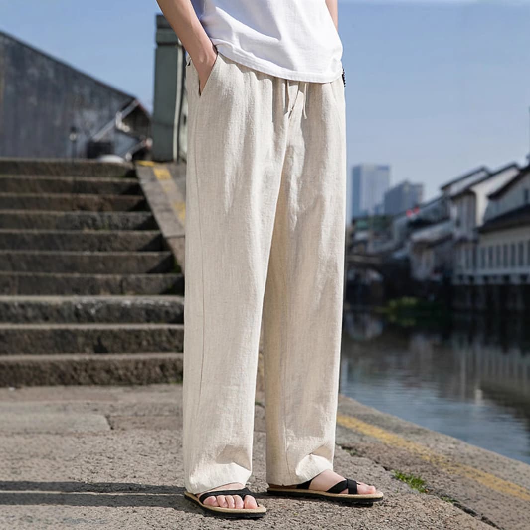 New Chinese Style Men's Pants Spring Chinese Cotton Linen Pants Elastic Waist Vintage Versatile Solid Color Loose Casual Long Pants