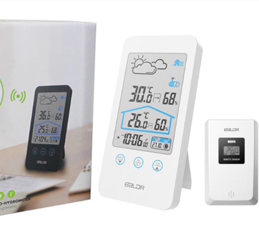 Household simple thermometer wireless temperature and humidity meter indoor and outdoor clothing weather station weather forecast electronic clock white