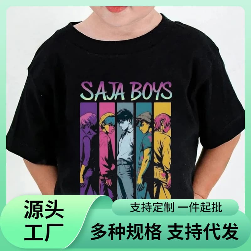 【European Size Cotton T-Shirt】Kpop Demon Hunter Children's T-Shirt Short Sleeve Saja Boys Kdis T-Shirt Cute Kpop