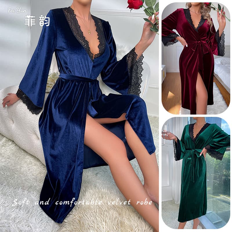 Feiyun New Amazon European and American Cross-border Women's Long Velvet Bathrobe Sexy Nightgown Hot Selling Homewear 465