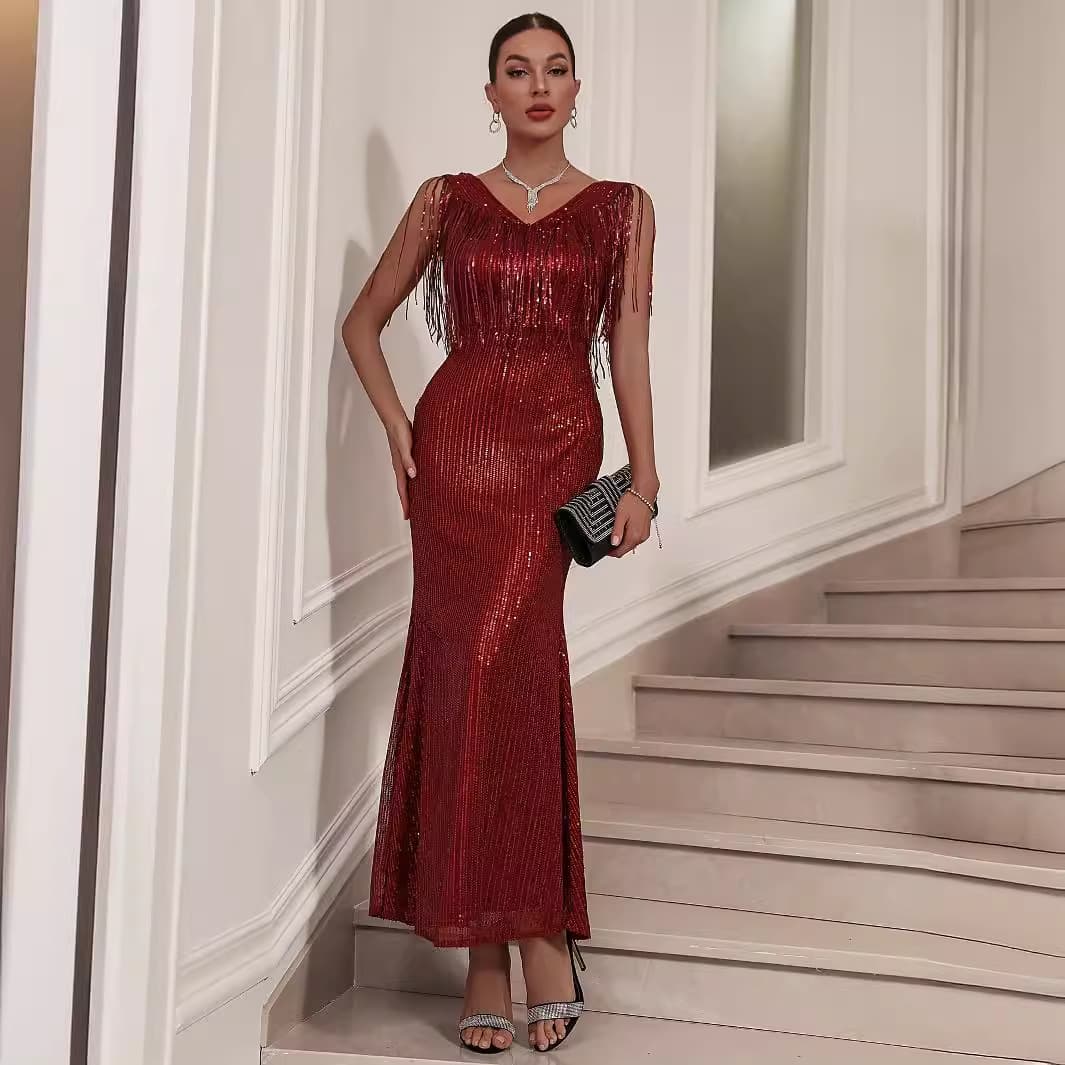 Cross-border European and American sexy women's new dress deep V-neck tassel splicing sequin prom party long dress