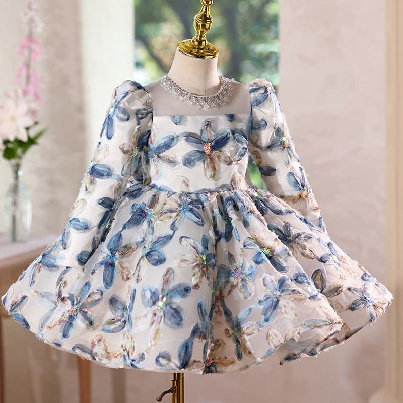 Fashionable Long-Sleeve Children's Dress for 1-Year-Old Baby Girl Birthday Party, 100 Days Princess Dress, Spring Flower Tulle Skirt, Kids Clothing