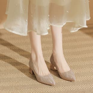 Wedding Shoes for Bride, 2023 New Comfortable, Champagne Gold Chunky Heel Bridesmaid High Heels, Large Size