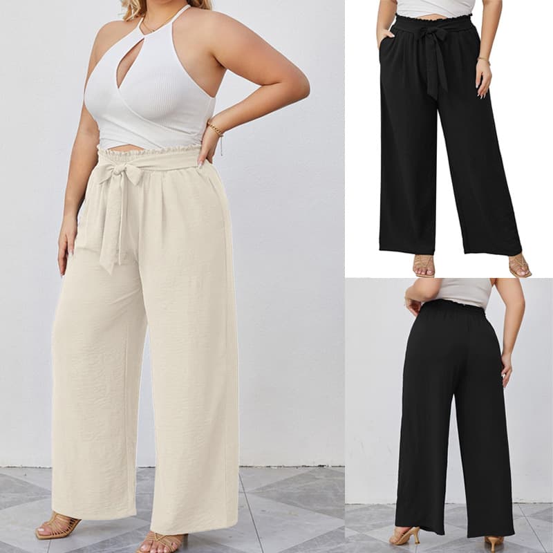 2024 European and American cross-border women's clothing Amazon foreign trade AliExpress plus size women's clothing ice silk wide-leg lace-up women's pants