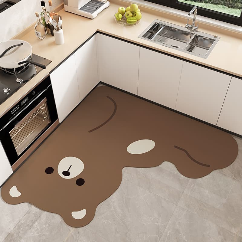 Cartoon kitchen L-shaped corner floor mat, cute animal, stain-resistant and wipeable diatom mud, water-absorbent and oil-absorbent mat, non-slip foot mat