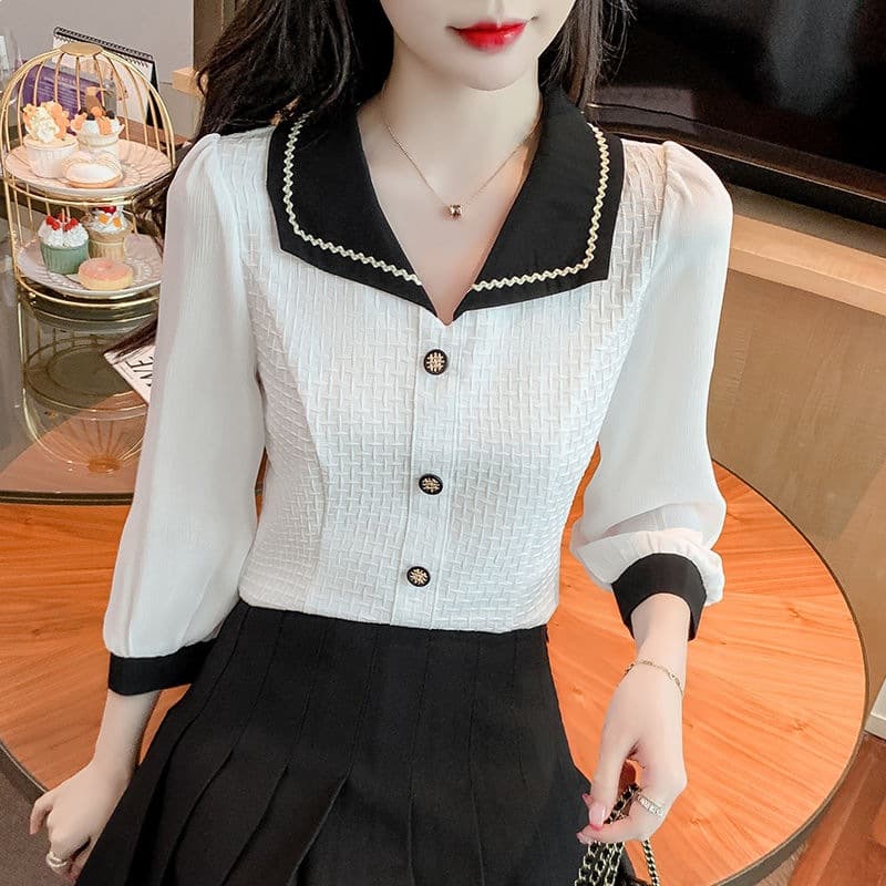 Chanel-style Peter Pan collar chiffon blouse for women, autumn fashion, elegant and stylish, slimming, unique patchwork top.