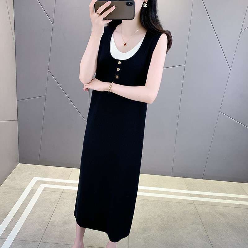 Korean Mid-Length Two-Layer Knit Vest Dress, Ice Silk Sleeveless Plus Size Loose Fit Inner Layering Long Dress