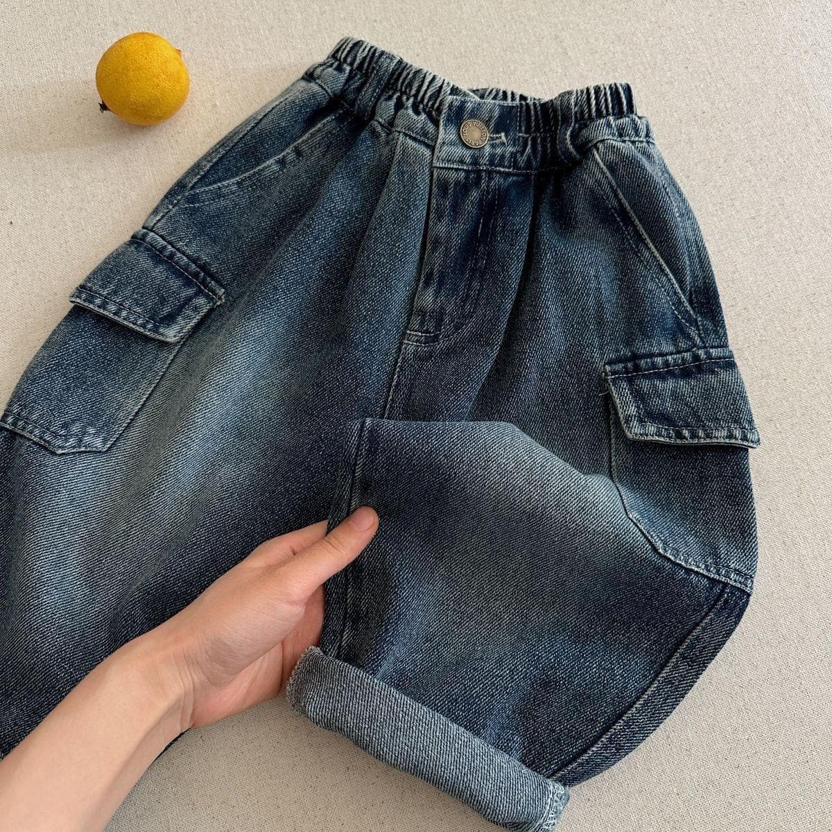 Kids' Washed Jeans 2026 Autumn/Winter Boys and Girls Solid Color Pocket Jeans Baby Workwear Straight Leg Pants