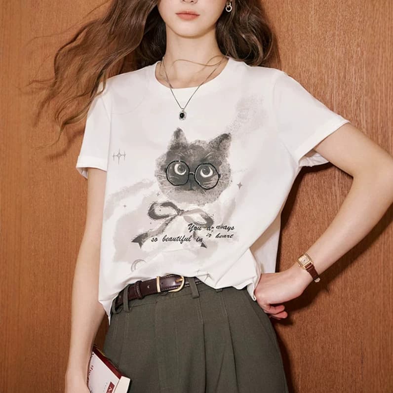 High Class Kuhn Mavi Same Style CAT Print Short Sleeve T-Shirt Women's 2026 Summer New Cool Feeling Top