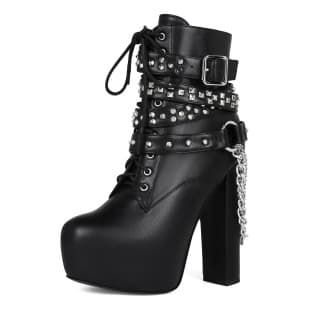 European and American Autumn Winter Export Chain Pearl Sexy Platform Lace Up Chunky High Heel Large Size 44 Women's Ankle Boots