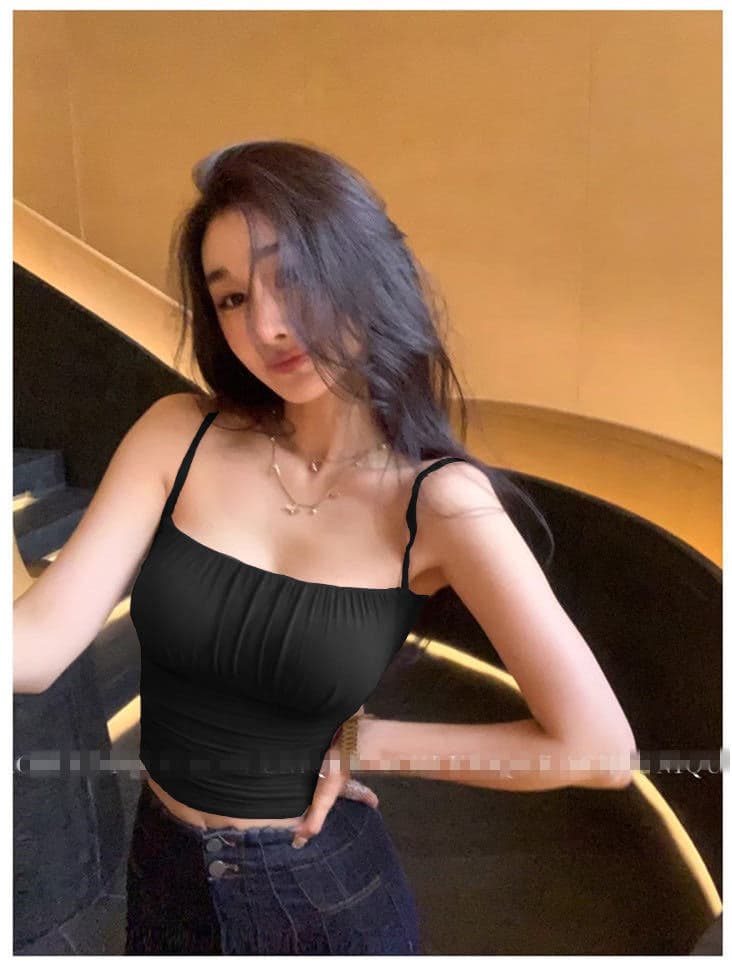 10124# Summer New Pure Desire Short Pleated Camisole with Built-in Pads, Waist-Tightening, Slimming, Wear Alone or as Layering