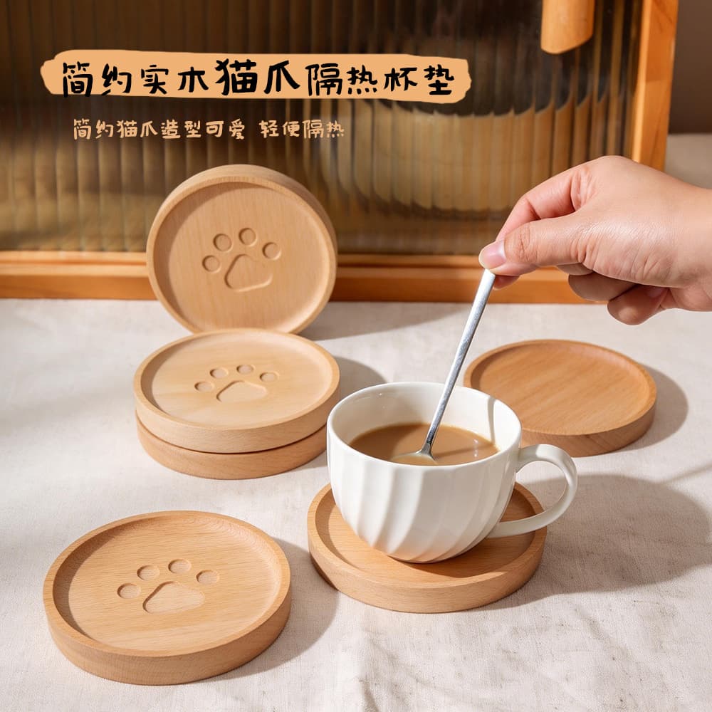 Japanese Style Wooden Bear Paw Cup Mat Zelkova Coffee Mug Tea Cup Heat Resistant Non-Slip Mat Cute Cartoon Pattern Home Decor