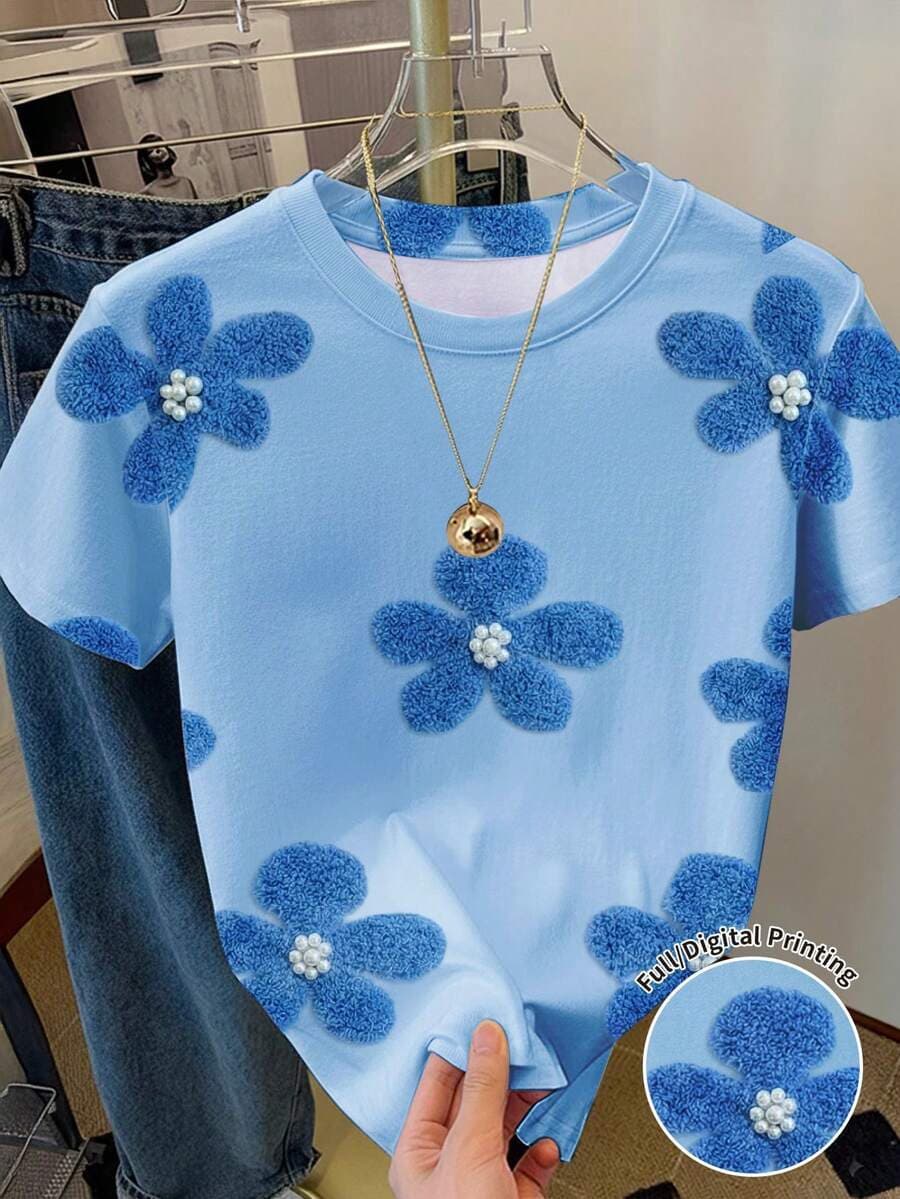 2026 Summer New European and American Style Digital Print Comfortable Fashion T-Shirt Crew Neck Short Sleeve Top