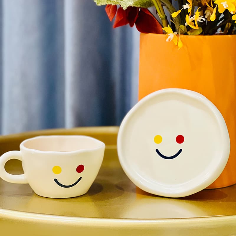 Creative Ceramic Coffee Cup with Advertising LOGO Smiley Face, Large Capacity Coffee Cup, Home Ceramic Coffee Cup Set