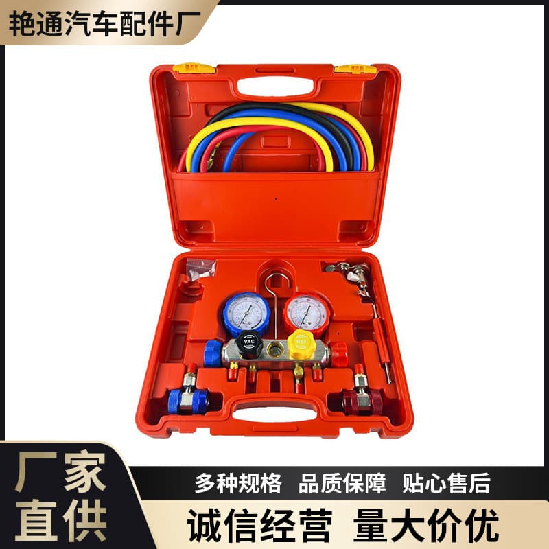 Automotive air conditioning refrigerant charging gauge set with R134a refrigerant pressure gauges and dual gauge valves