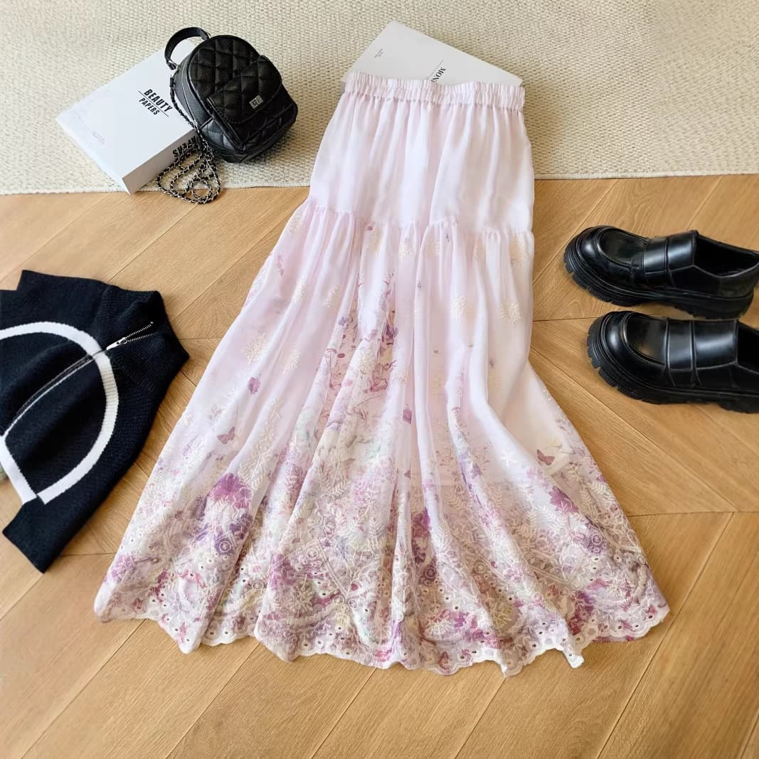 Korean sweet mesh floral skirt 2026 spring and summer new embroidered mid-length printed A large skirt