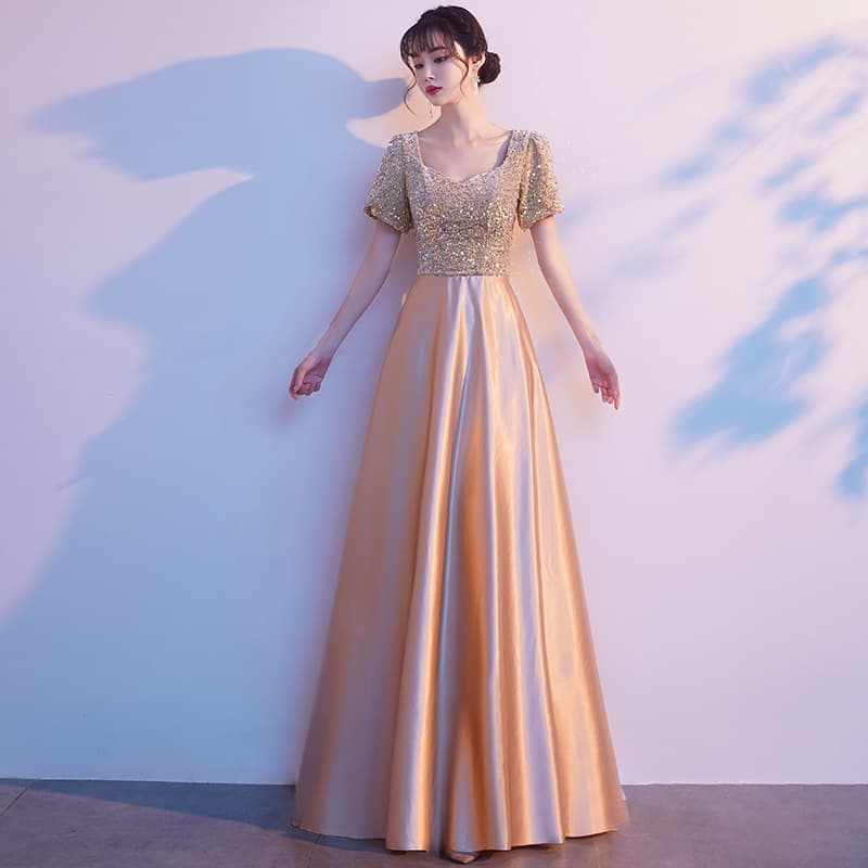 2025 New Summer Banquet Evening Dress for Women, Champagne Sequin Elegant Gown for Hosts, Performance Costume