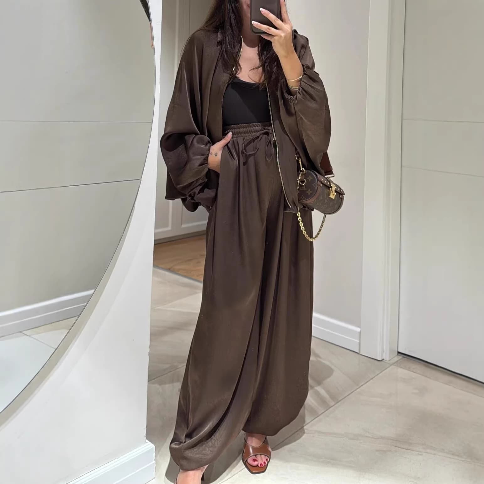 2026 New Cross-Border Women's Set: Long-Sleeve Cardigan + Slimming Wide-Leg Pants Satin Two-Piece Set