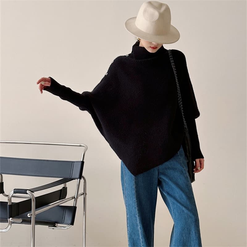 Autumn and winter black turtleneck long-sleeved sweater, loose and slim, irregular inner knitted sweater, design small shirt top
