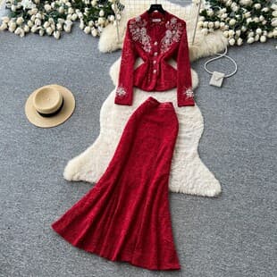 French Chic Heavy Beaded V-Neck Lace Two-Piece Set Women Autumn Slim High-End Beaded Temperament Suit