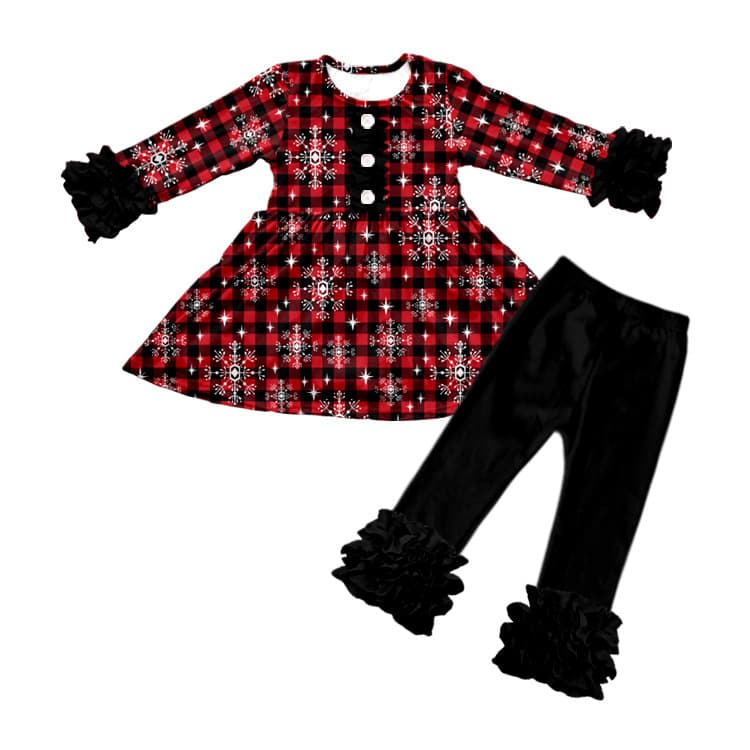 Cross-border wholesale custom girl's two-piece set with printed dress and solid-color lace-trimmed pants