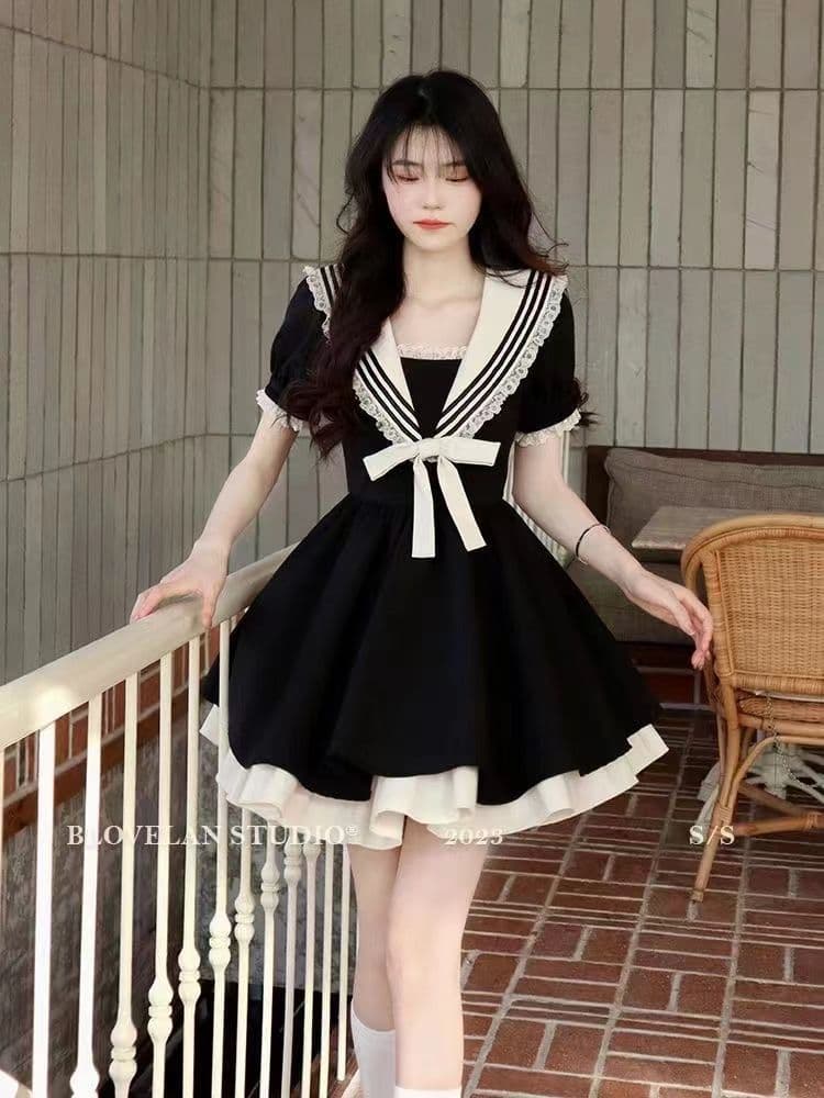 Plus Size College Style A-Line Dress for Women Summer Navy Collar Bow Skirt Flattering for Full Figure