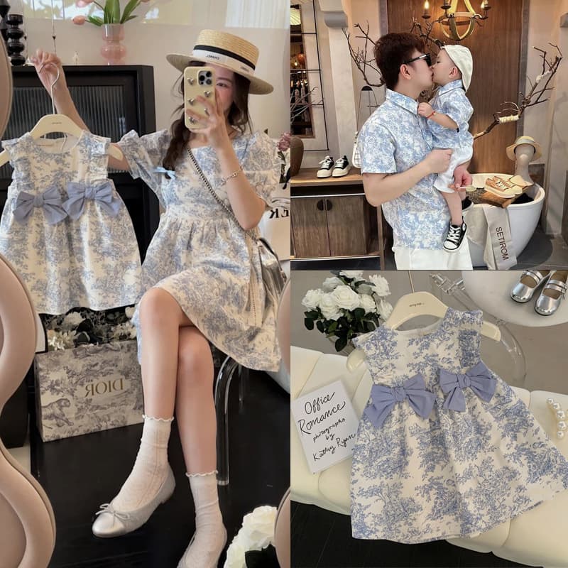 Beach Vacation Matching Family Outfit Mother Daughter Butterfly Knot Floral Dress Blue Porcelain Shirt Summer Soft Cotton Korean Style