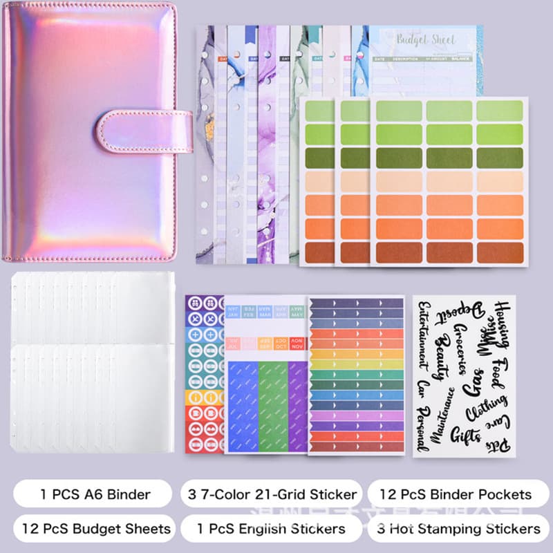 Cross-border Laser A6 Macaron Notebook Creative PU Journal Cash Budget Notebook Loose-leaf Financial Planner Customizable