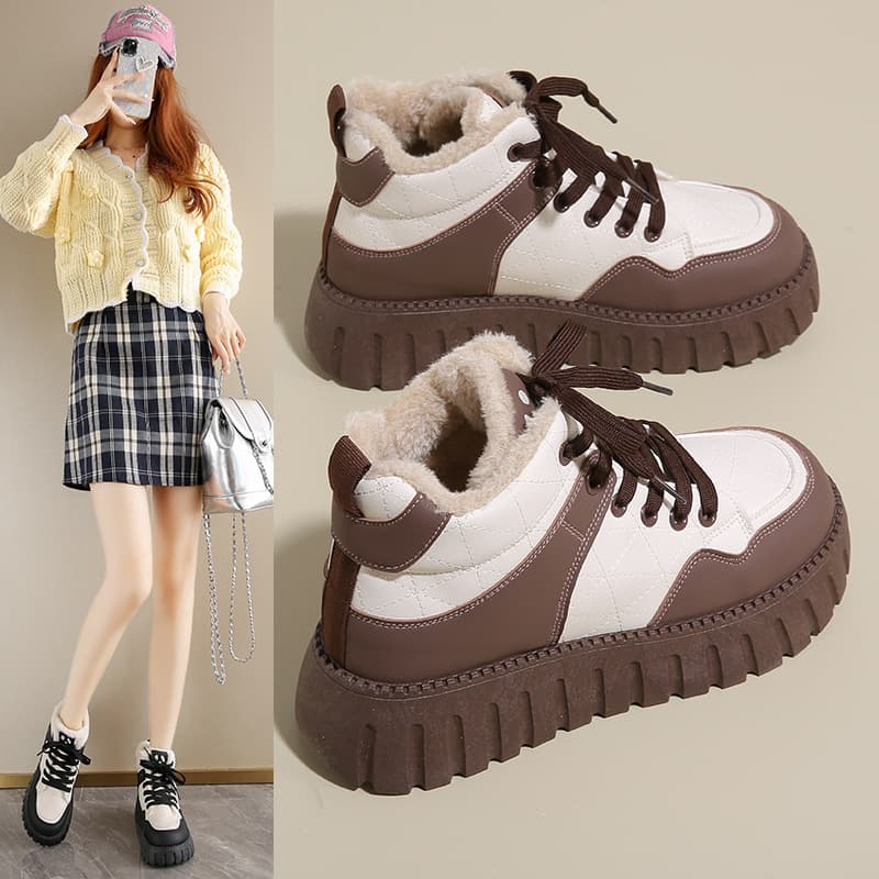 Women's Fleece-Lined High-Top White Sneakers, 2024 Winter New Style, Korean Style, Warm and Casual Cotton Shoes, KT2512-2