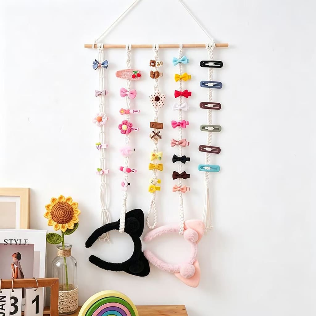 Children's hairpin storage, girls' hair accessories, hairbands, hairpin storage, cotton rope wall-mounted jewelry display rack