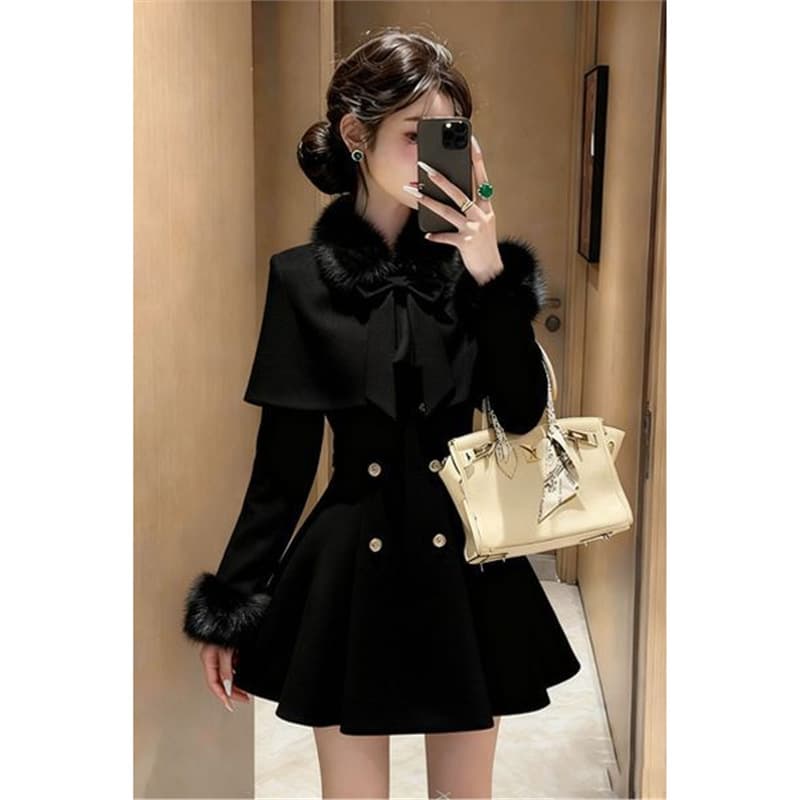 Rich Young Lady Chic Black Shawl Cape Wool Coat, French-Style Elegant Waist-Cinching Flared Dress for Women
