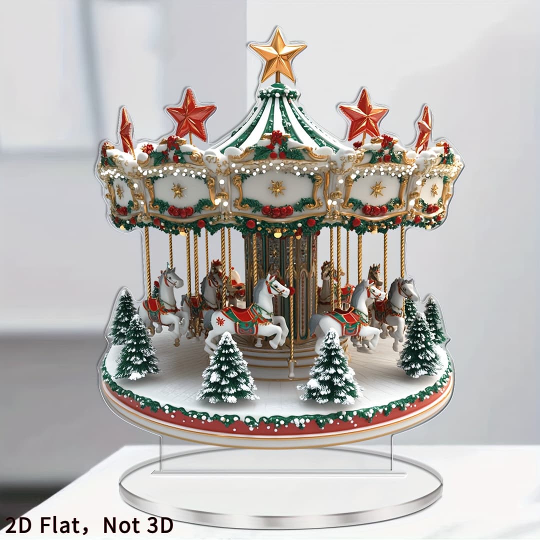 2D Flat Acrylic Christmas Revolving Horse Sleigh Ornament - Bohemian Style with Snow Tree and Red/