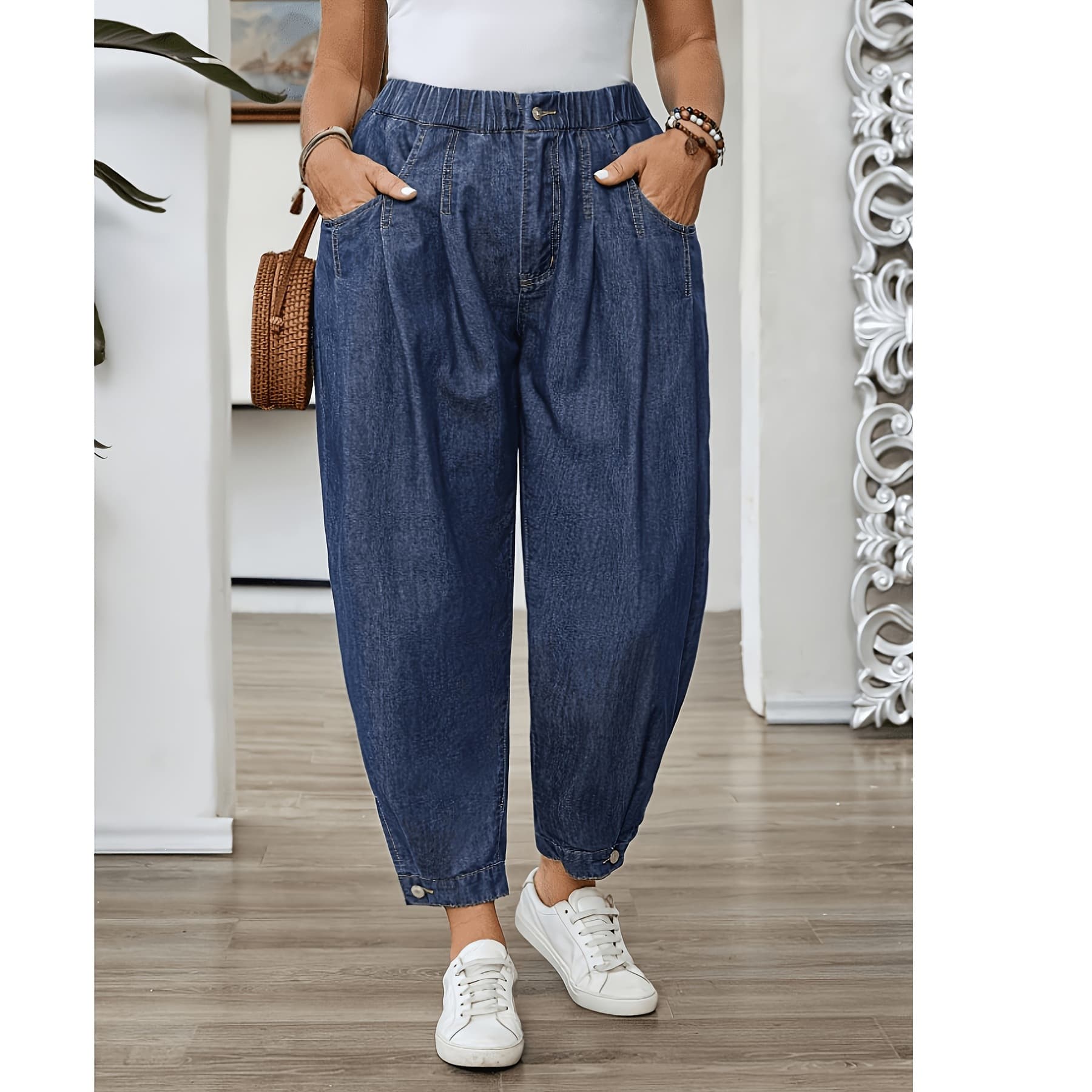 Women's blue balloon pants, simple and fashionable, suitable for daily wear