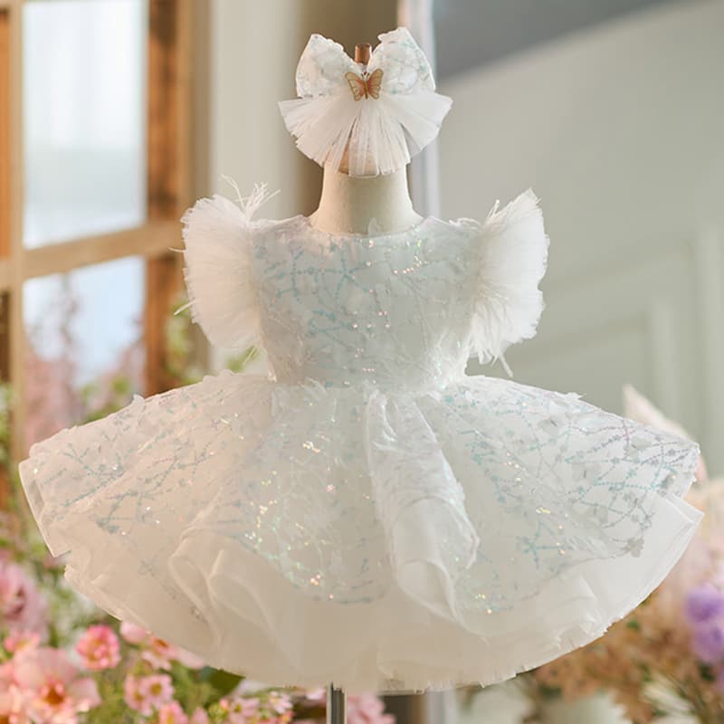 2026 New White Butterfly Sequin Flutter Sleeve Puffy Princess Dress for Girls, Children's Birthday Dress
