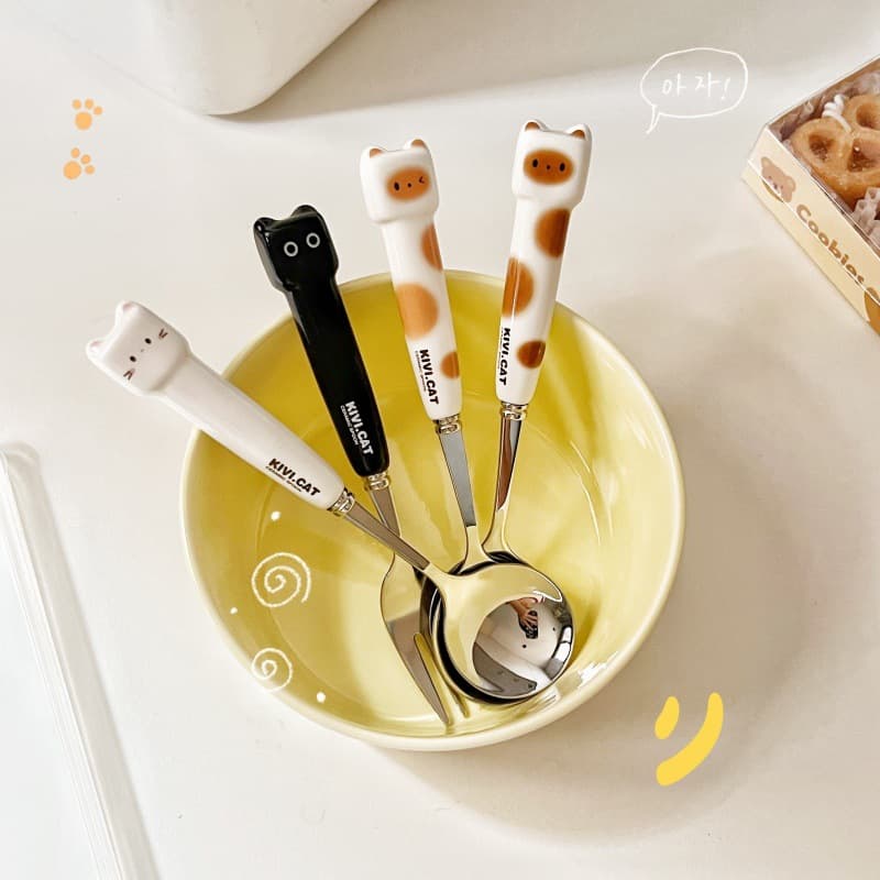 Cute and Quirky Square-Faced Cat Spoon and Fork: Ins-Style Spoon and Chopsticks Three-Piece Set Student Office Worker Portable Utensils