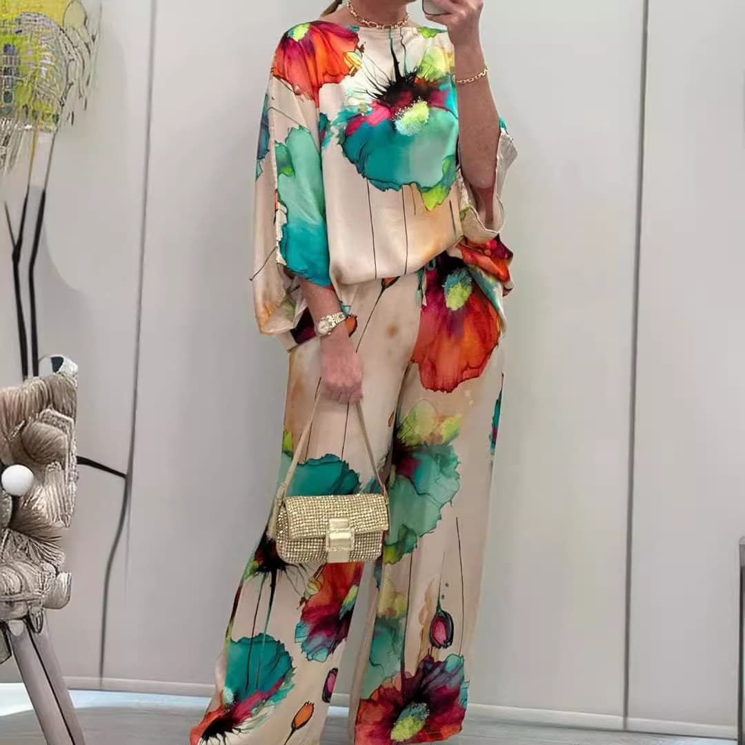 2024 New Arrival Fall/Winter Exclusive Collection_Urban Elegant Satin One-Shoulder Loose Printed Batwing Sleeve Chic Commuter