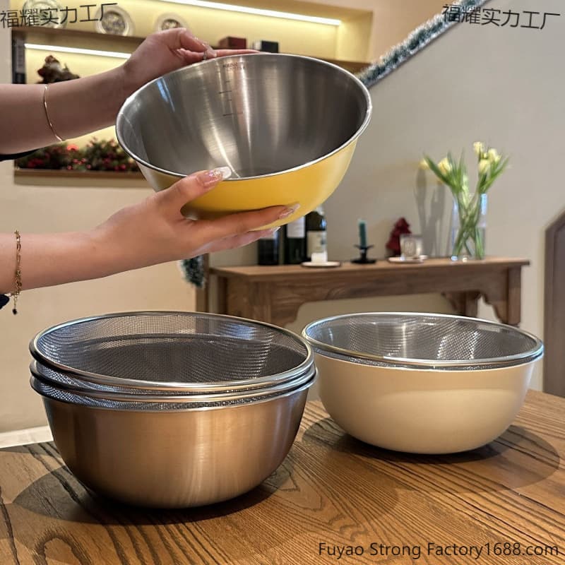 Korean-style stainless steel draining basket set with measuring salad bowl, kitchen mixing bowl, and baking dough bowl