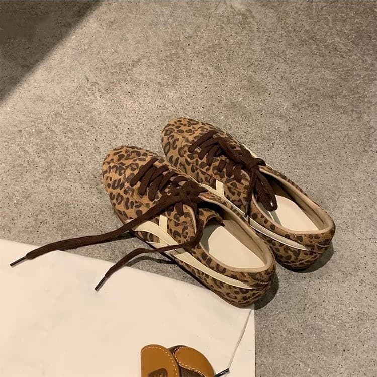 Sheepskin Version~ 5cm Height Increase Agam Sneakers Women Leopard Print Contrast Color Casual Board Shoes Sports Shoes Genuine Leather German Training Shoes