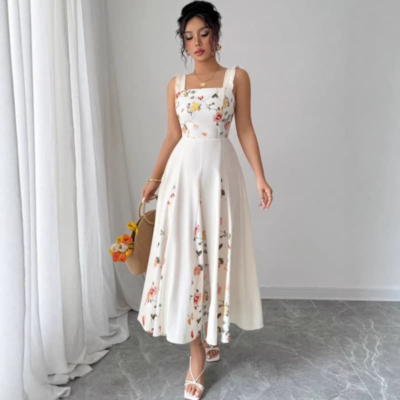 Amazon European and American Style Square Neck Ruffle Strap Dress, Waist-Tightening, Slimming, Floral Print Midi Dress