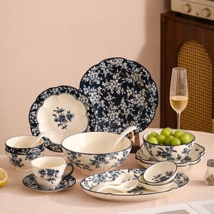 High-Quality Blue and White Porcelain Bowl and Plate Set for Housewarming, Underglaze Color Dinnerware Set, Premium Soup Bowls and Plates