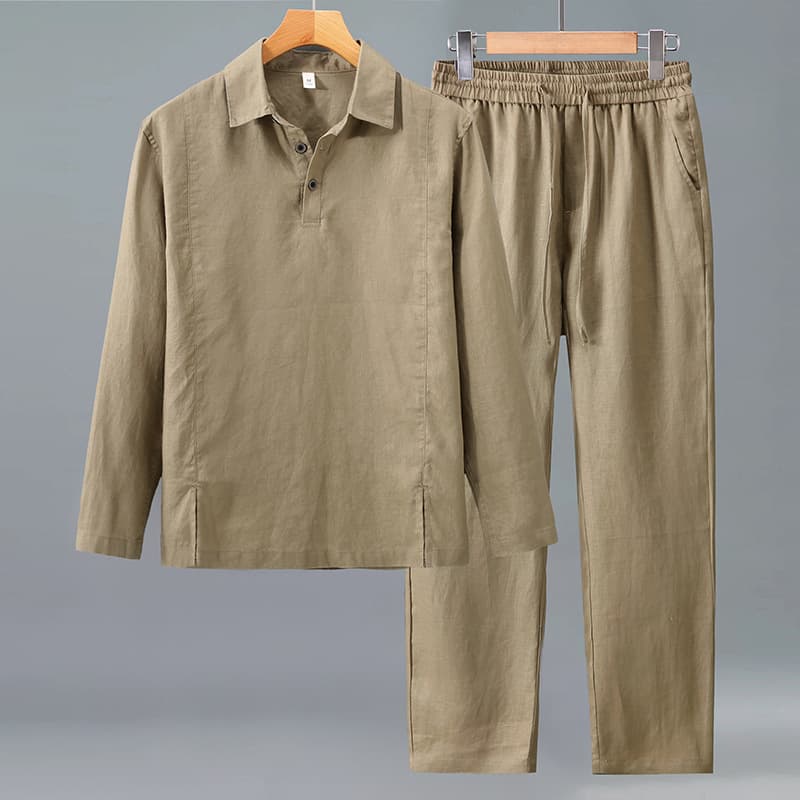 2554-3047 Pure Linen Long Sleeve Shirt Men's Lightweight Breathable T-Shirt Spring Autumn Linen Casual Pants Set