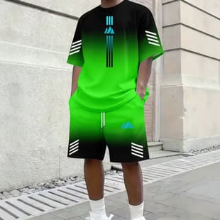 2026 Cross-border Amazon New Arrival Trendy Gradient Sportswear Set Men's Summer Casual Short Sleeve T-Shirt and Shorts Two-Piece Set
